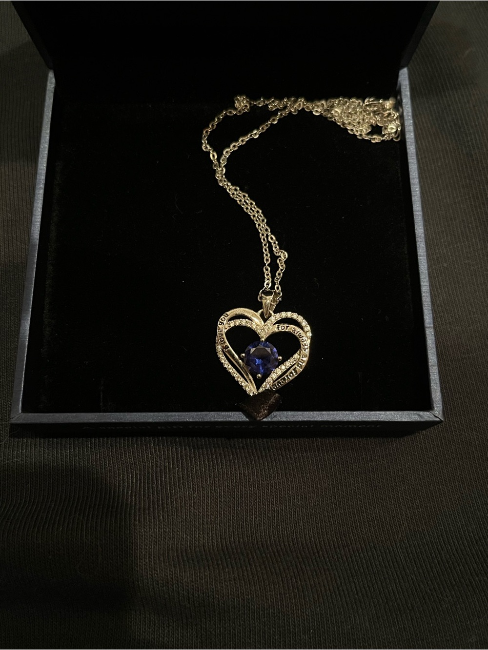 Silver Heart Necklace with Sapphire Stone, “I love you, for always and forever”